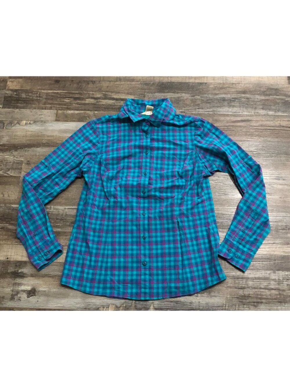 Duluth Trading Womens Small Blue Green Plaid Sidewinder Button Up Shirt